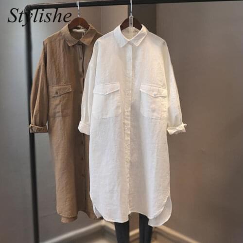 Stylishe Women Loose Long Sleeve Linen Shirt Dress Casual Plus Size Long Blouses Shirts 2021 Spring Summer Ladies Oversized Robe