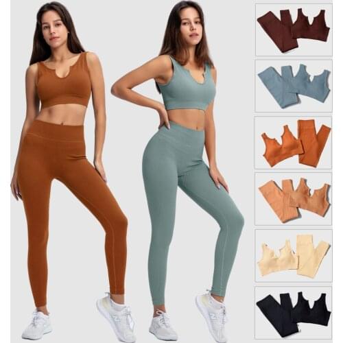 FIKI Yoga Outfit for Women Seamless 2 Pieces Ribbing yoga set High Waist Leggings with Sport Bra Workout Set Tracksuits