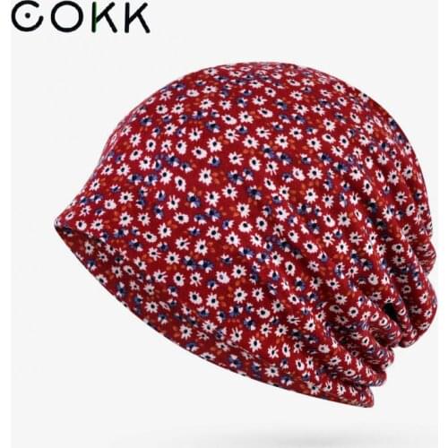 COKK Spring Summer Hat Women Turban Thin Beanie Flower Print Headdress Bonnet Femme Vintage Gorro Headwear Baggy Cap New Red