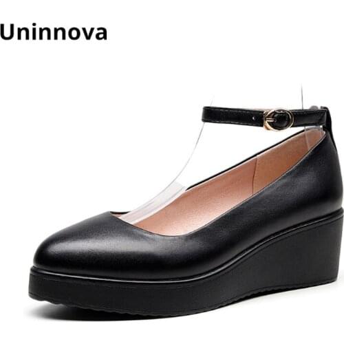 Women Wedges Genuine Leather Pointed toe Black Casual Comfortable Platform Shallow Cut upper Pumps Uninnova Plus Size 41 WP152