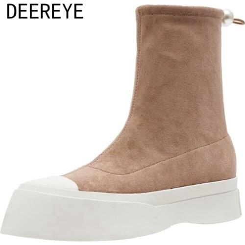 Female Winter Suede Stitching Stretch Sock Ankle Booties Mid Calf Boots Platform Cozy Casual Shoes Rubber Boots For Women 2021