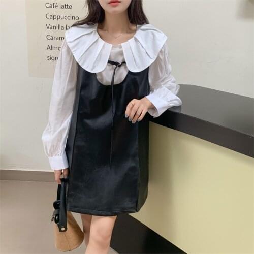 Alien Kitty Gentle Slim-Fit Two Piece Sets Sweet Peter Pan Collar Casual Shirts Women 2021 Chic Retro PU Close Waist Mini Dress