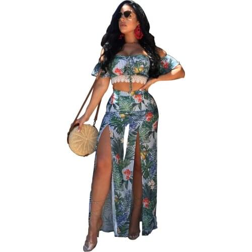 2020 Womens Print Casual Two-Piece Suit Pants Fit Party Sets Women Two-piece Set Women Suits Vintage Fashion Maxi Dress