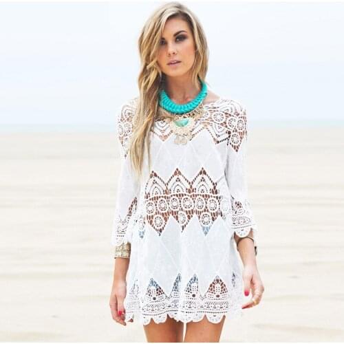 White Lace Dress summer Women Beach Tunic Dresses O Neck Three Quarter Flare Sleeve Mini Vestidos Robe Femme