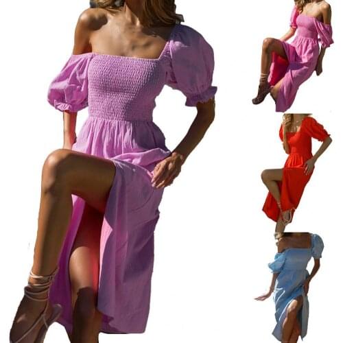 Women Dress Off Shoulder Solid Color Summer Short Sleeve Slit Long Dress High Split Long Maxi Dresses Sexy Vestidos Sundress