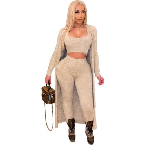 Women 2020 Autumn Winter Warm Three-piece Set Fashion Home Casual Vest Matching Long Coat Pants Suit Evening Party Club Sexy Set