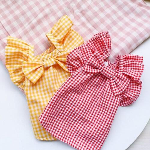 2021 lattice stripe dog cat Clothes bowknot Clothing for Dogs new style Dresses Doll Collar Summer Ropa Para Perro