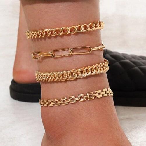 4 Pcs/Set Fashion Gold Thick Chain Anklets Set for Women Punk Beach Foot Chain Jewelry Accessories