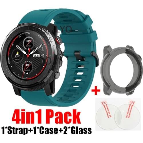4in1 pack Silicone Strap For xiaomi amazfit stratos 3 A1928 band smartwatch Bracelet+ case cover bumper +glass screen protector