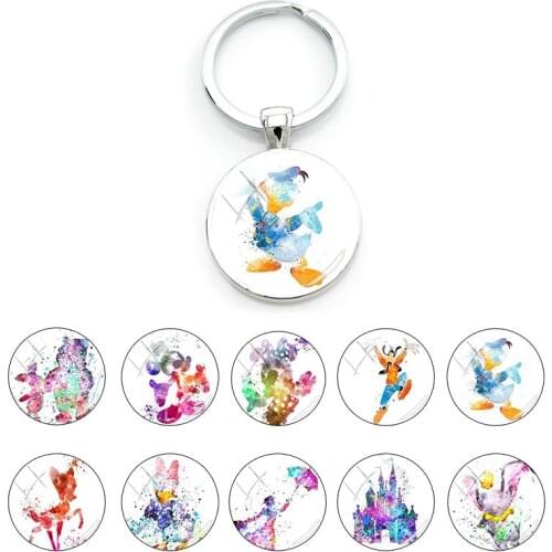 Disney Art Colorful Characters Pattern Keyholders Temperament Fashion Pendant Glass Cabochon Keychains for Women Jewelry DSN44