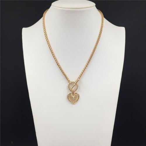 Pretty Gold Color Engraved Heart Charm Center T O bar Enclosure Rope Chain Necklace For Women Girl Elegant Gorgeous Chic Jewelry