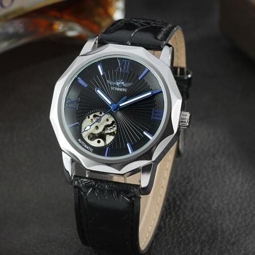 2018 Top Brand Winner Blue Ocean Geometry Design Transparent Skeleton Dial Mens Watch Luxury Automatic Fashion Mechanical Clock