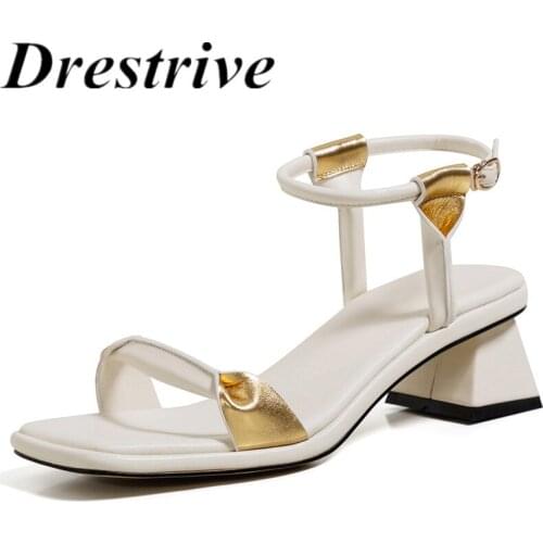 Drestrive Sheepskin 2021 Summer Fashion Women Sandals Square Toe Buckle Thick High Heel Shoes Black Handmade Dress 4 CM