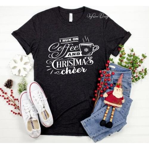 I run on Coffee and Christmas Cheer T-shirt, Letters Print Women 100% Cotton tshirt Casual Funny t-shirt For Lady y2k tops goth