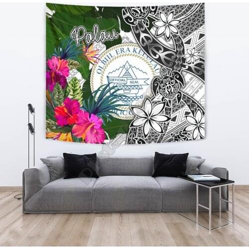 Palau Tapestry White Turtle Plumeria Banana Leaf Crest 3D Printed Tapestrying Rectangular Home Decor Wall Hanging