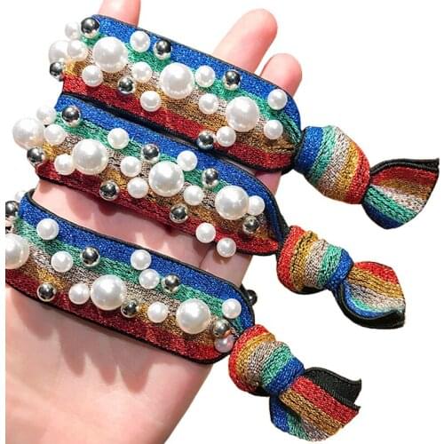 Hot Women Headwear Leopard Rainbow Pearl Striped Elastic Hair Rubber Bands Elegant Fashion Adult High Elastic Knotted Head Bands