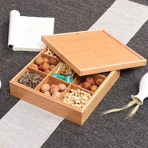 Bamboo melon seed snack fruit tray Dried fruit tray divided grid with lid Living room creative household storage fruit snack can