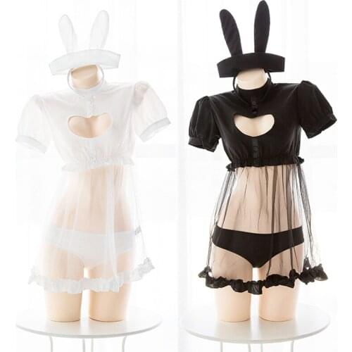 Love Heart Hollow Out Perspective Rabbit Nurse Uniform Nightdress Sets Women Cute Sexy Lingerie Suit With Tail Cosplay Costumes