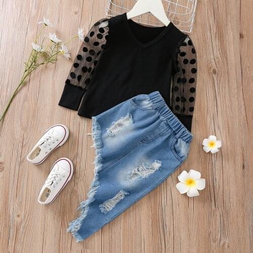 2-7Y Fashion Children Girls Clothing Sets Toddler Kids Girls Mesh Blouse Shirts Tops+Irregular Denim Skirt Outfits