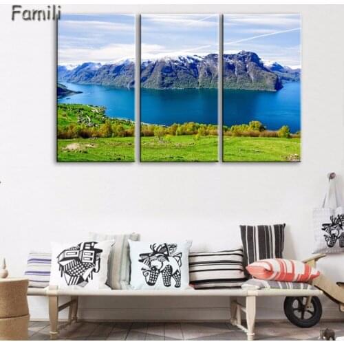 Wall Art Poster Modern Home Decor Living Room 3 Pieces Northern Lights Over Snow Mountain Norway Landscape Canvas Painting UnFra