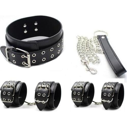 Black PU Leather Bdsm Bondage Restraint Set 3Pcs /Set Fetish Sex Slave Neck Collar, Hand Cuffs, Ankle Cuffs Sex Toys For Couples