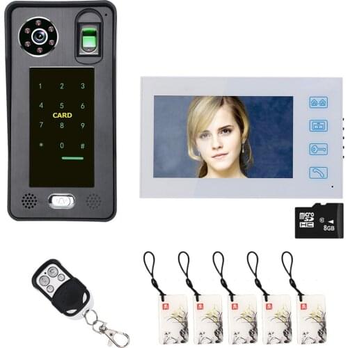 7'' Wired Fingerprint RFIC Card Password Video Door Phone Doorbell Intercom Entry System with 1000TVL Camera+ 8GB TF Card