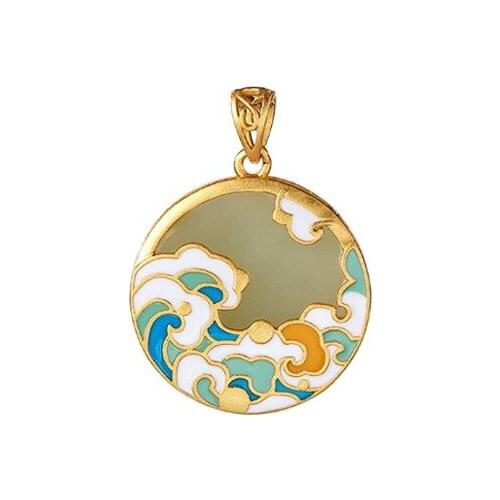 S925 sterling silver gold plated Natural Hetian jade Gray jade Retro Cloisonne Xiangyun HAILANG Peace buckle Pendant