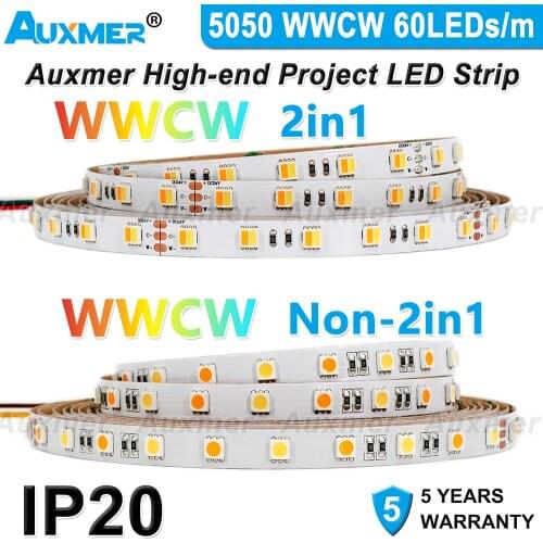 5050 WWCW 2in1 60LEDs/m LED Strip, IP20 DC24V,14.4W/m,300LEDs/Reel,CCT,5meter/Reel Non-waterproof for indoor living room bedroom