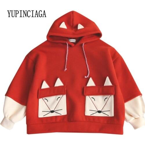 YUPINCIAGA Thick Fleece Sweatshirts Women fox embroidered Hooded Warm Pullovers With Horns Harajuku Hooded Girls Teens Hoodies