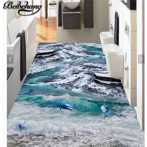 Beibehang Custom waterproof self-adhesive painting snow-capped mountains seaside beach dolphin shell 3D stereo floor paintin