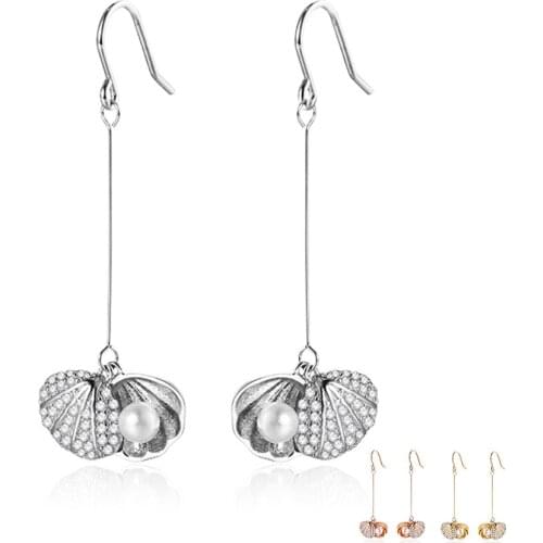 ZEMIOR 925 Sterling Silver Shell & Pearl Earrings For Women Shiny Cubic Zirconia Drop Earring Elegant Female Party Jewelry