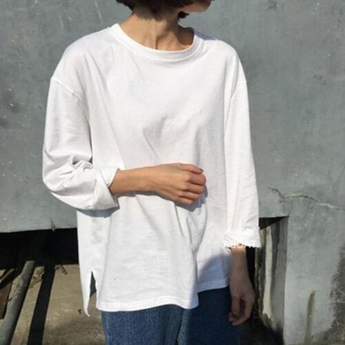 2021 Women Spring Casual Blouses Casual Women Solid Color Split Hem Blouse Long Sleeve O Neck Loose Base T-shirt for Dating
