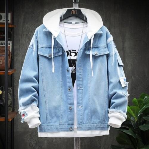 2021 New Style Hooded Jeans Jacket Ripped Casual Denim Hoodie for Men