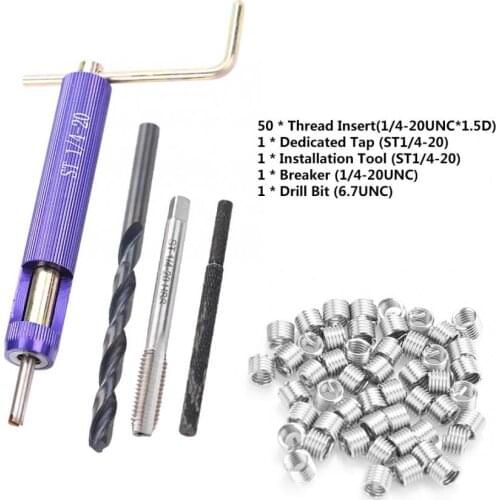 50Pcs Stainless Steel Coiled Wire Inserts Thread Repair Insert Set Installment Tool Kit 1/4-20UNC*1.5D Screw Threaded Insert