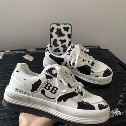 2021 Spring Autumn New Fashion Cow Print Canvas Shoes Female Lace-up Tennis Casual Flat Sneakers Women' Platform Sports Shoes