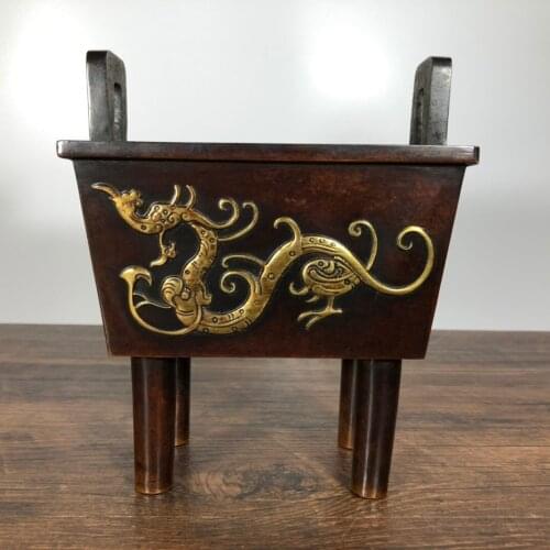 7"Chinese temple collection Old purple Bronze Gilt Real gold Dragon statue Dinglu incense burner Ornaments Town House Exorcism