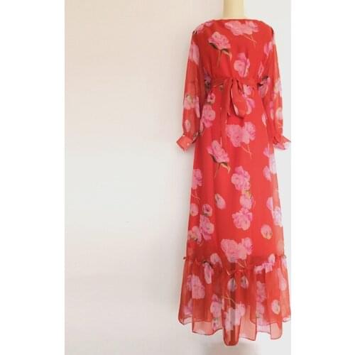 Summer Elegant Dress Spring Runway Fashion Maxi Long Plus Size Red Flower Print High Quality Chiffon XXL 3XL Dresses