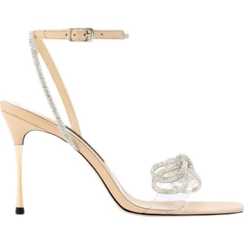 Summer Fashion Woman Sliver Nude Bling Crystal Bow Tie Transparent PVC Sandal Female Slingback Stiletto Heels Party Shoes Lady