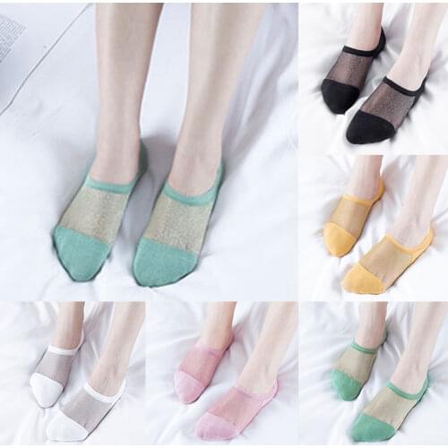 Summer Thin Shallow Mouth Boat Socks Glass Silk Japanese Lurex Socks Invisible Women Socks Breathable Sexy Cute Non-slip Socking