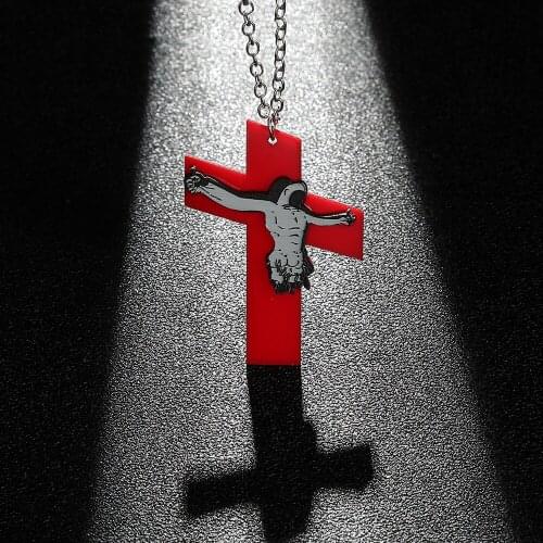 Exaggerated Big Red Cross Jesus Acrylic Necklace Amulet Horrible Punk Pendant Necklace for Women Men Night Club Party Jewelry