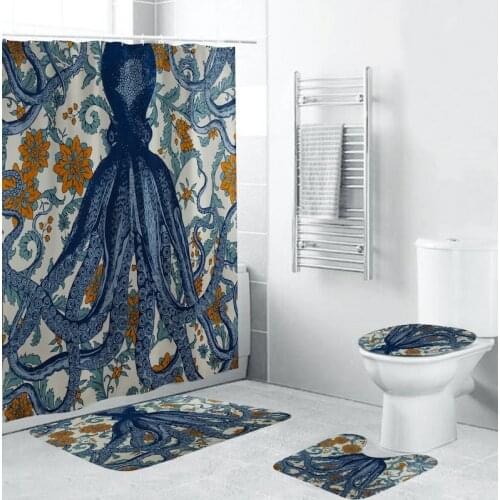 Cute Octopus Printed Shower Curtain with Hook Waterproof Polyster Bathroom Four-piece Set Bathroom Non-slip Mat Home Decoration