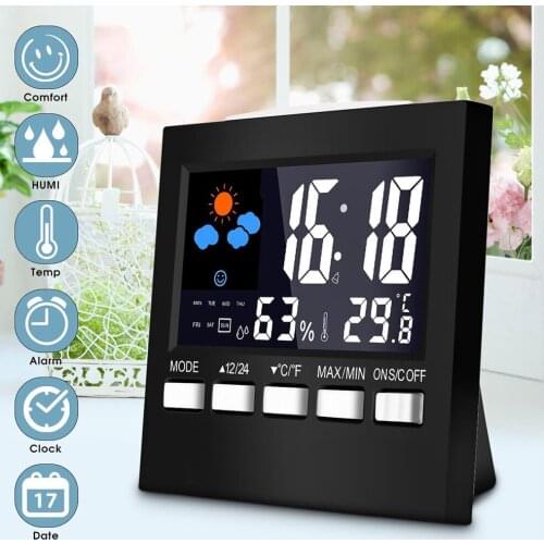 Multifunctional humidity thermometer, hygrometer, clock and alarm clock, LED backlight color screen display snooze hygrometer
