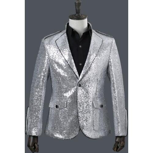 Stand collar flanger men suits designs stage costumes for singers men sequin blazer dance clothes jacket star style dress silver
