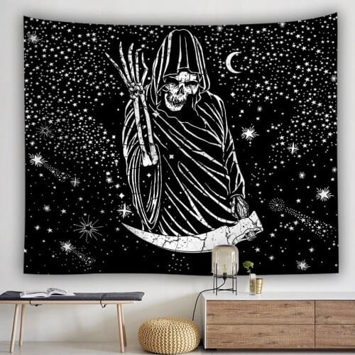 Night Sky Sickle Skull Tapestry Wall Hanging Blanket Witchcraft Hippie Tapiz Wall Decor Bedroom Carpet Horror Halloween Tapestry