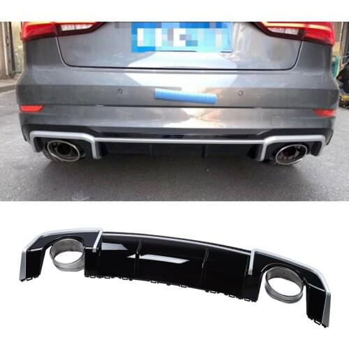 Rear Bumper Lip Spoiler Diffusers Refit for RS3 ABT Style with 2 Tail Throat Fits for A3 8V 2014 2015 2016 ABS+Stainless Steel