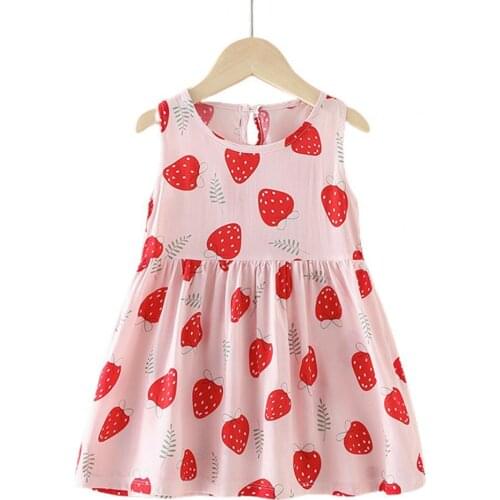 Strawberry Print Girl Dress Sleeveless Lovely O-neck High Waist Princess Dress Children Clothing