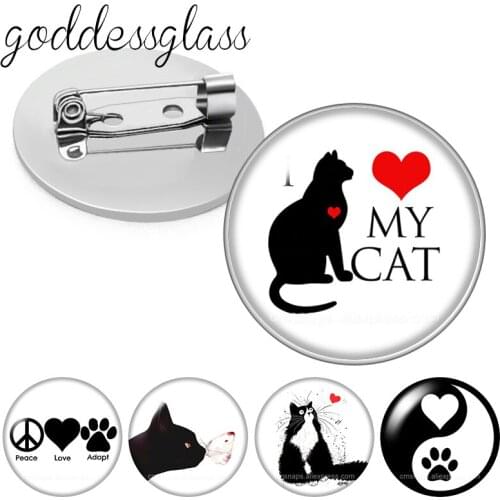 Love cat dog Black cats Pet Footprints Cute Round Glass cabochon Brooch Dome Photo Jewelry Brooches Pin For Gift