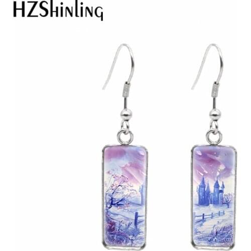 2021 New Fairytale Castle Painting Rectangular Earring Printed Photo Fish Hook Earrings Glass Cabochon Handmade Jewelry