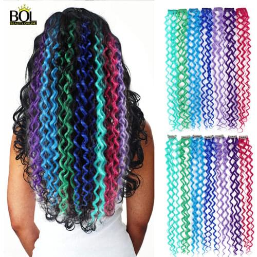 24inch Kinky Curly Colored Highlight Synthetic Hair Extensions 5 Pieces/Set Clip In One Piece Rainbow Streak Blue Hair Strands