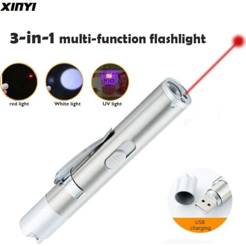 LED Flashlight Mini 3in1 USB Rechargeable Powerful LED Torch Waterproof Design Penlight uv light banknote /Laser pointer light